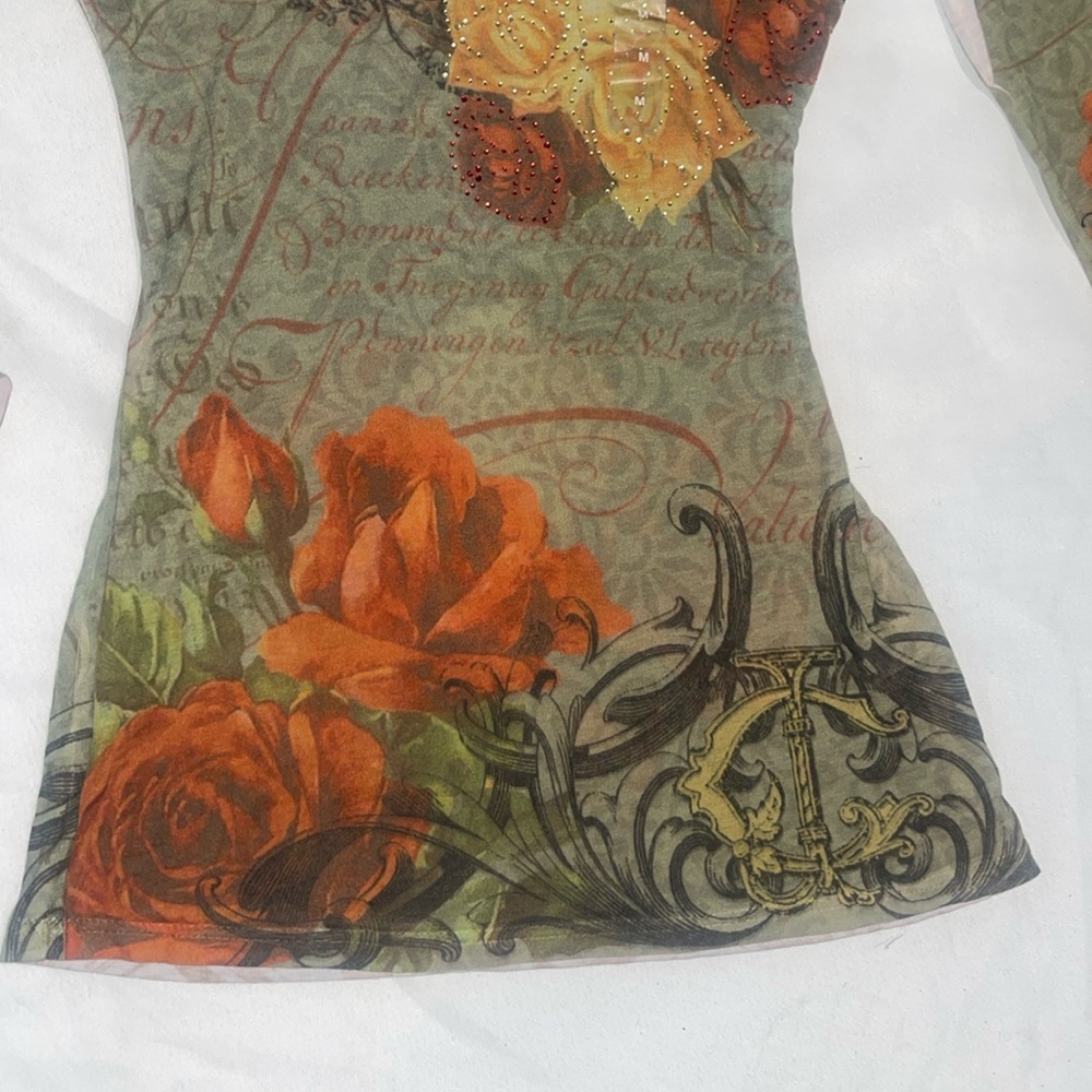 New Guess Tattoo Long Sleeve Thin Embellished Rose Bird Shirt M - Picture 3 of 10